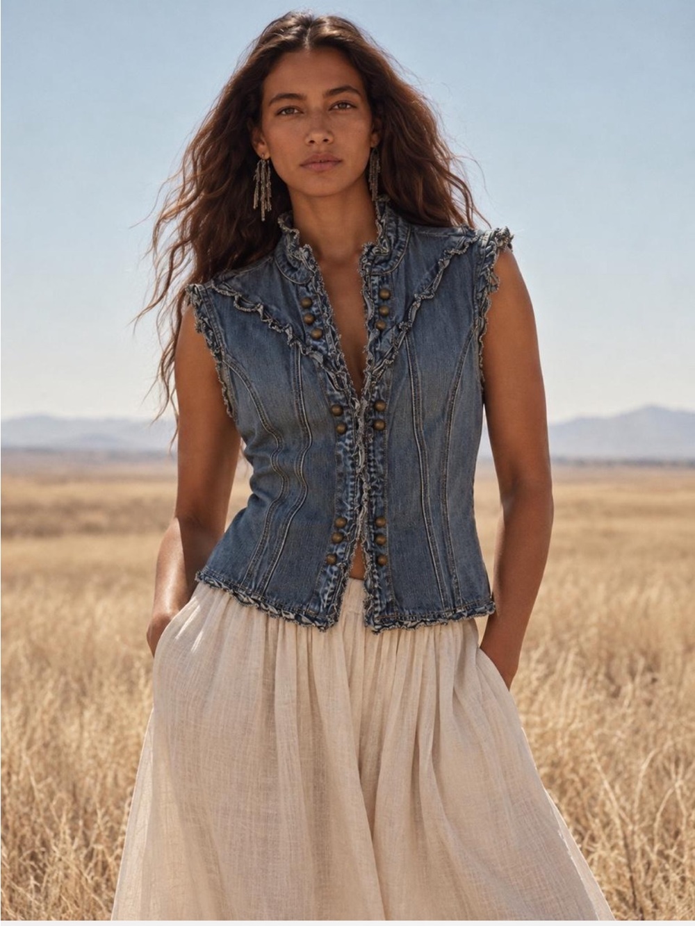 Star Jeans Denim Vest Ruffle Trim Brass Buttons Military Western Boho Y2K Large